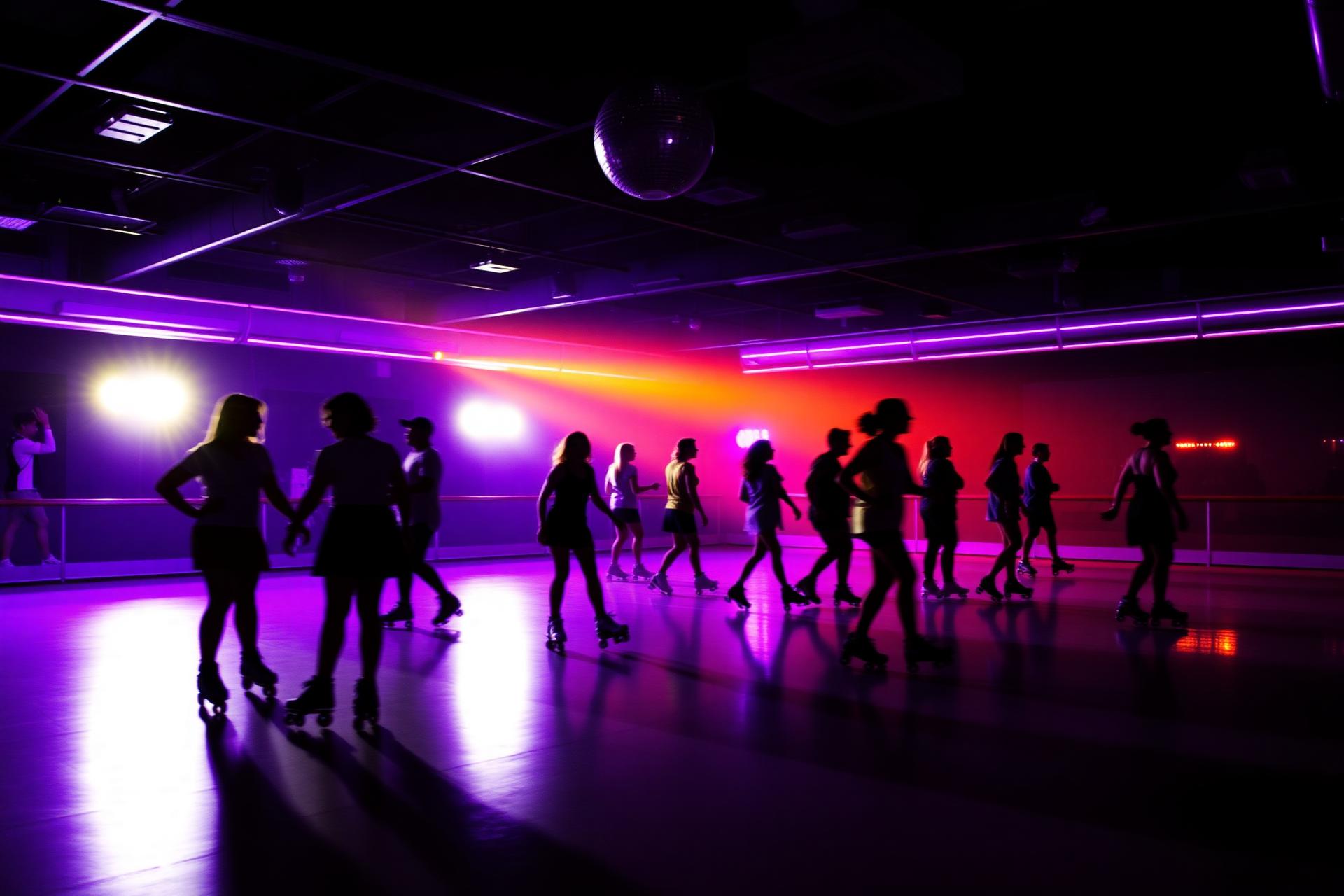 Roller skaters under neon lights